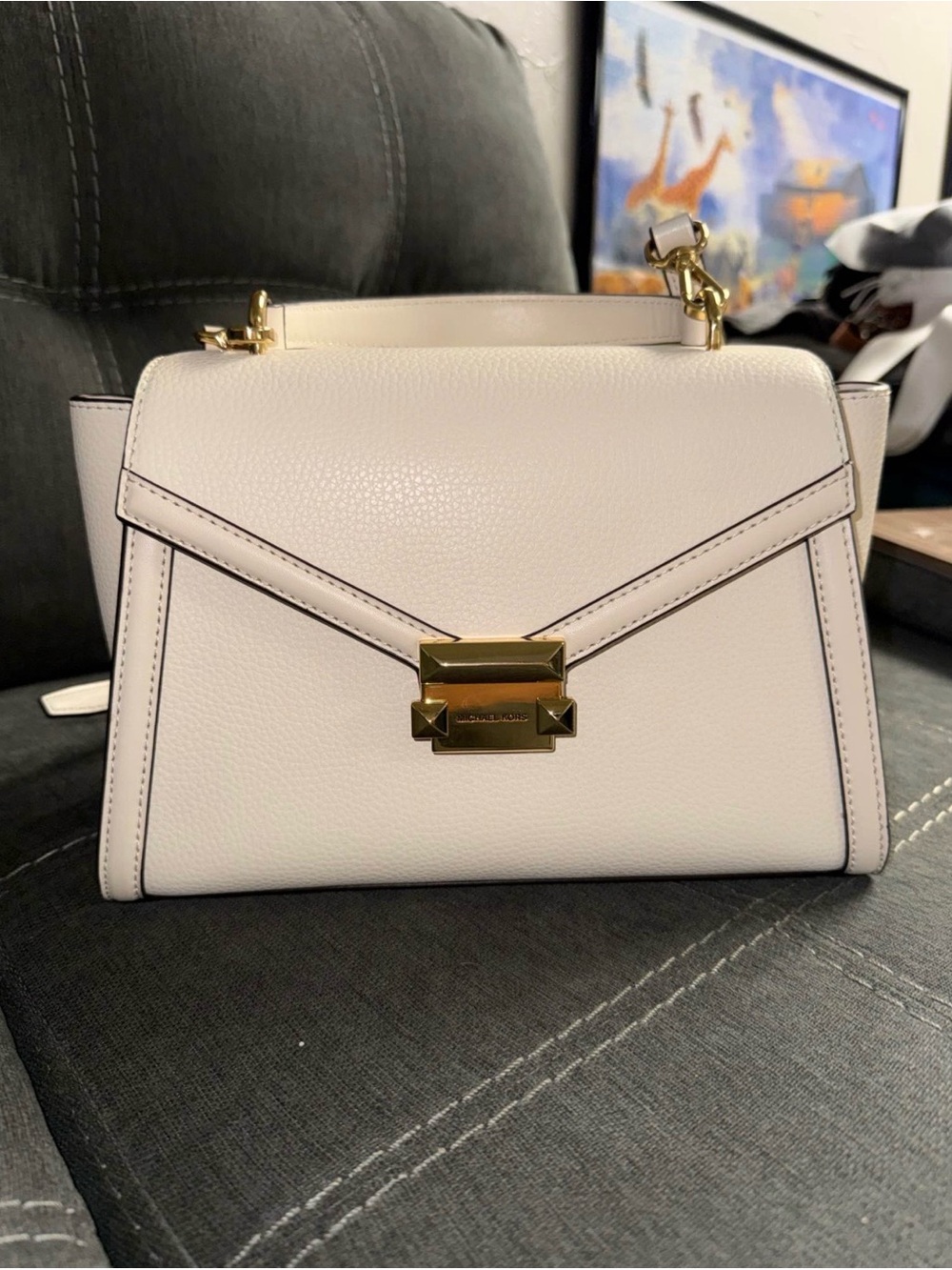 Michael Kors Cream Pebbled Leather Top-Handle Satchel with Gold Hardware